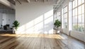 Bright empty loft office space with large windows and wooden floors interior Royalty Free Stock Photo