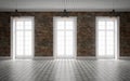 Bright empty room with brick wall and huge windows.3d rendering