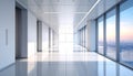 Bright white office corridor with panoramic city view and sunset sky interior hallway Royalty Free Stock Photo