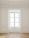 Bright, empty white room and light, big windows. Wall decorations.