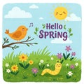 Colorful Springtime Illustration with Singing Bird and Blooming Flowers Royalty Free Stock Photo