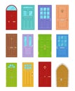 Bright entrance door set vector flat illustration. Collection multicolored exterior furniture enter Royalty Free Stock Photo
