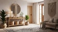 Bright entryway with natural wood console table and macrame decor hall mirror Royalty Free Stock Photo