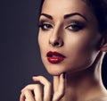 Bright evening makeup woman with perfect skin, chin, long neck,