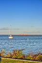 Bright evening sun beats down the lake and the vessels - Thunder Bay Marina, Ontario, Canada