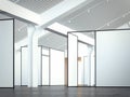 Bright exhibition hall in white interior with blank walls 3d rendering Royalty Free Stock Photo