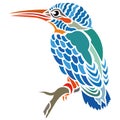 Bright exotic bird Kingfisher sitting on a branch, silhouette drawn by various lines in a flat style. Tattoo bird, logo, emblem Royalty Free Stock Photo