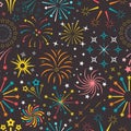 Bright explosions fireworks seamless pattern. Yellow flares on dark sky with blue stars joyful green party festive