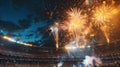 Bright and explosive fireworks lighting up the night sky above a crowded stadium