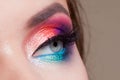 Bright eye makeup. Pink and blue color, colored eyeshadow.