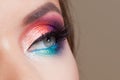 Bright eye makeup. Pink and blue color, colored eyeshadow. Royalty Free Stock Photo