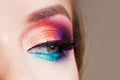 Bright eye makeup. Pink and blue color, colored eyeshadow.