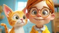 Bright-eyed boy with glasses alongside an orange tabby cat.