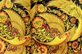 Bright fabric with ethnic Russian pattern in the form of birds and flowers