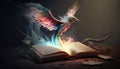 Bright fairy bird with blue, pink wings flying away from old opened book pages.A symbol of magic, mystique. Red, brown tree roots Royalty Free Stock Photo