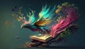 Bright fairy bird with blue wings flying away from opened book pages.A symbol of magic, mystique. Red, brown tree roots and green