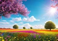 Bright fairy meadow, field of beautiful flowers and tree, fabulous atmospheric nature