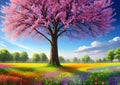 Bright fairy meadow, field of beautiful flowers and tree, fabulous atmospheric nature