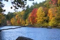 Bright fall foliage and old mill on the Farmington River, Connecticut. Royalty Free Stock Photo