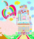 Bright Happy Birthday Greeting Fancy Colorful Castle and Pink Cartoon Bunny Rabbit with Flowers Illustration 2022
