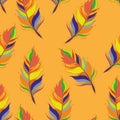 Bright feather print. Orange background. Summer Seamless pattern. Colorful Vector illustration