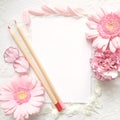 Pink Flowers Postcard Mockup with Colored Pencils Royalty Free Stock Photo