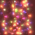 Bright festive background with garlands, lights burning,