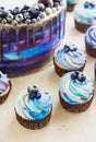 Bright festive blue cake with berries and chocolate and cupcakes with cream Royalty Free Stock Photo