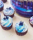 Bright festive blue cake with berries and chocolate and cupcakes with cream Royalty Free Stock Photo