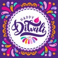 Bright festive lettering text Diwali with imitation of diya oil lamp with flame and ornament rangoli.