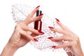 Bright festive red manicure on female hands. Nails design Royalty Free Stock Photo