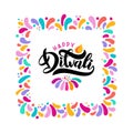 Bright festive lettering text Diwali with imitation of diya oil lamp with flame in confetti square border frame