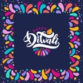 Bright festive text happy Diwali, diya lamp, candle flame in Decorative ornament square frame. Lettering Diwali