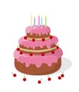 Bright festive three-tier cake with pink cream, candles and cherries in cartoon style.Vector illustration