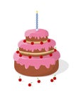 Bright festive three-tier cake with pink cream, one candle and a cherry in a cartoon style. Vector illustration