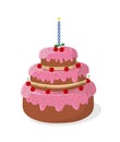 Bright festive three-tier cake with pink cream, one candle and a cherry in a cartoon style. Vector illustration