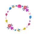 Bright festive watercolor wreath. Cute fairies with bees, balloons, hearts and flowers Royalty Free Stock Photo