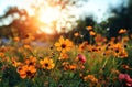 a bright field with flowers in the background