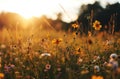 a bright field with flowers in the background