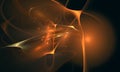 Bright fiery 3d illustration of golden chaotic beams of light in haze of deep dark space.