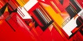 A bright, fiery red background with bold, sharp-edged geometric shapes and intricate patterns in