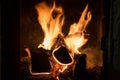 A bright fire burns in the fireplace. Birch wood Royalty Free Stock Photo