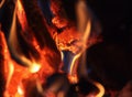 Bright fire of high temperature from natural firewood burns in fireplace and heats the house during cold season Royalty Free Stock Photo