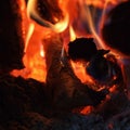 Bright fire of high temperature from natural firewood burns in fireplace and heats the house during cold season Royalty Free Stock Photo