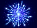 Bright firework. Color neon firework in the night sky. New Year background. Celebration design. Blue star burst. Vector Royalty Free Stock Photo