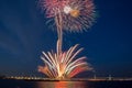 Bright fireworks burst in the blue sky creating multiple circles of light and trails of light Royalty Free Stock Photo