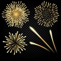 Bright fireworks in honor of the holiday on a black background. Three rockets. illustration