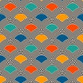 Bright fish scale wallpaper. Asian traditional ornament with repeated scallops. Seamless pattern with vivid semicircles.