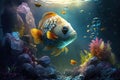 bright fish in water among rocks and aquatic plants in aquarium fish in space