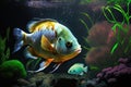 bright fish in water among rocks and aquatic plants in aquarium fish in space